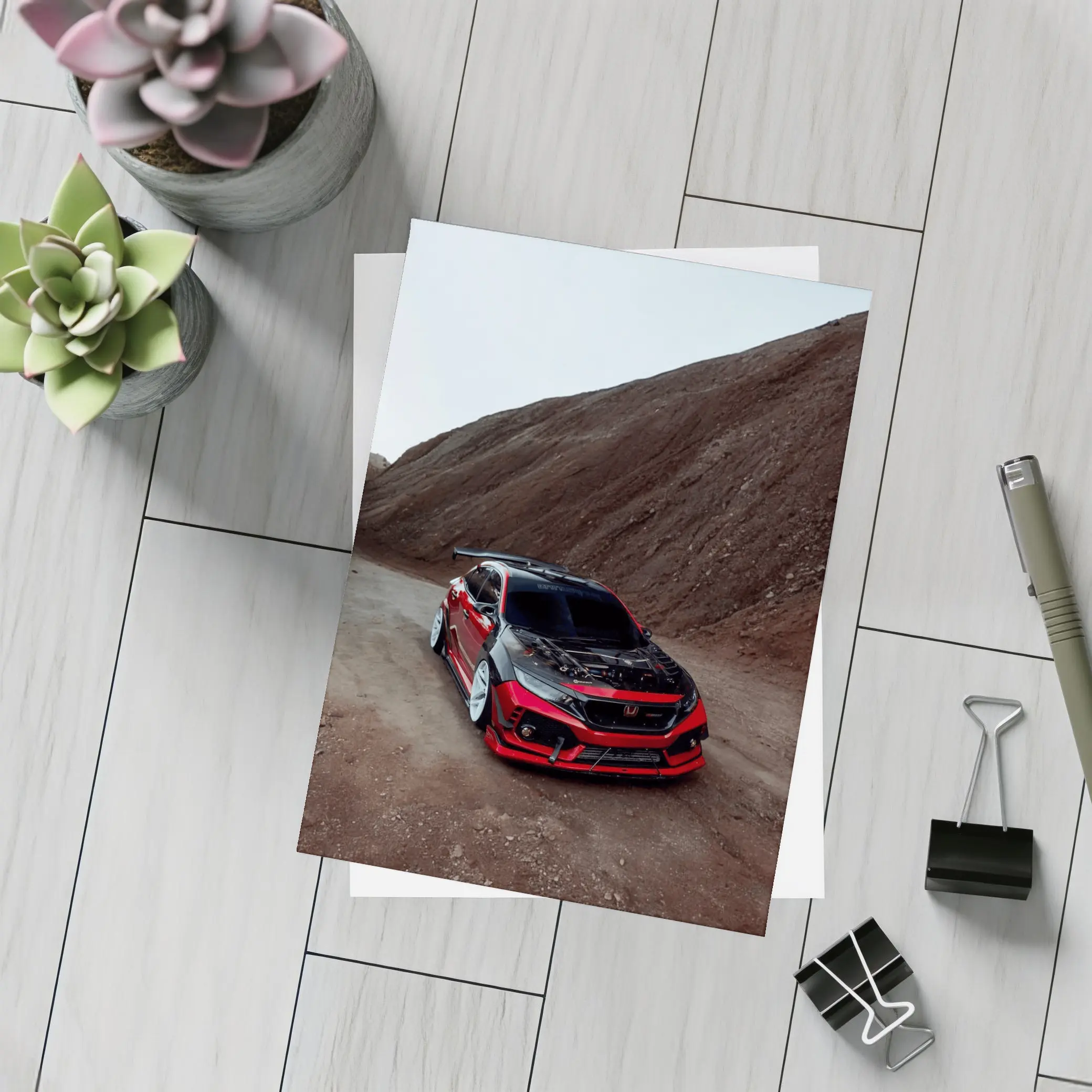 Honda Civic Red Modified Car Mountain Backdrop – Postcards