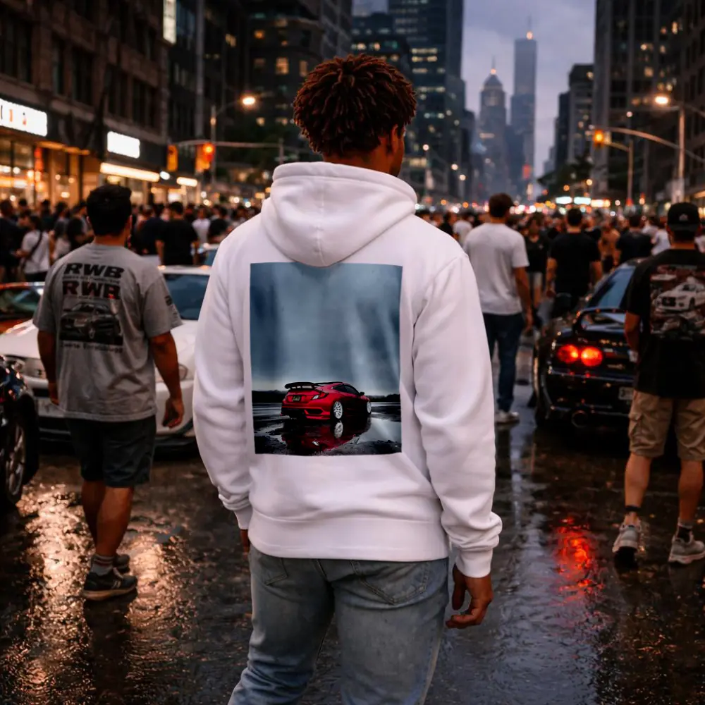 Red Honda Civic Stance Wet Rainy Lot – Hoodies