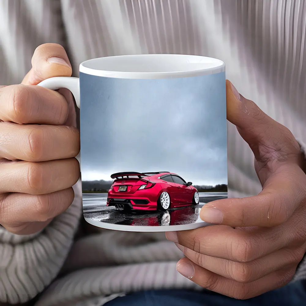 Red Honda Civic Stance Wet Rainy Lot – Mugs