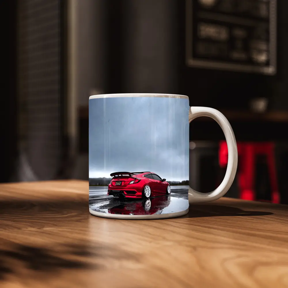 Red Honda Civic Stance Wet Rainy Lot – Mugs