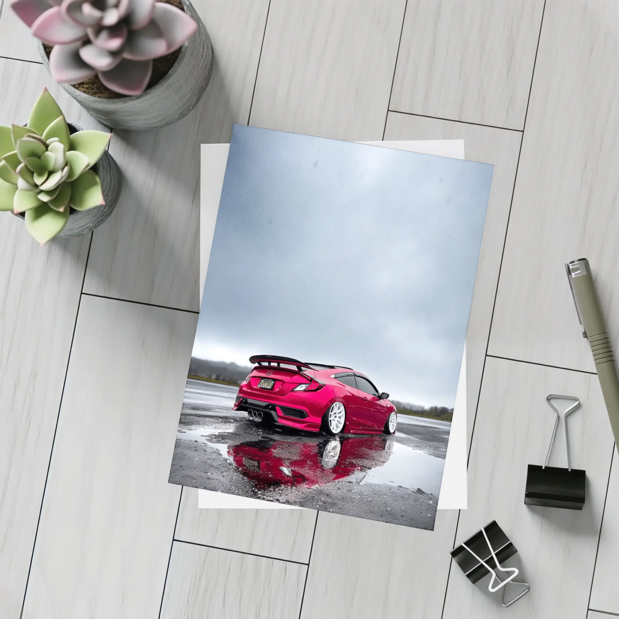 Red Honda Civic Stance Wet Rainy Lot – Postcards