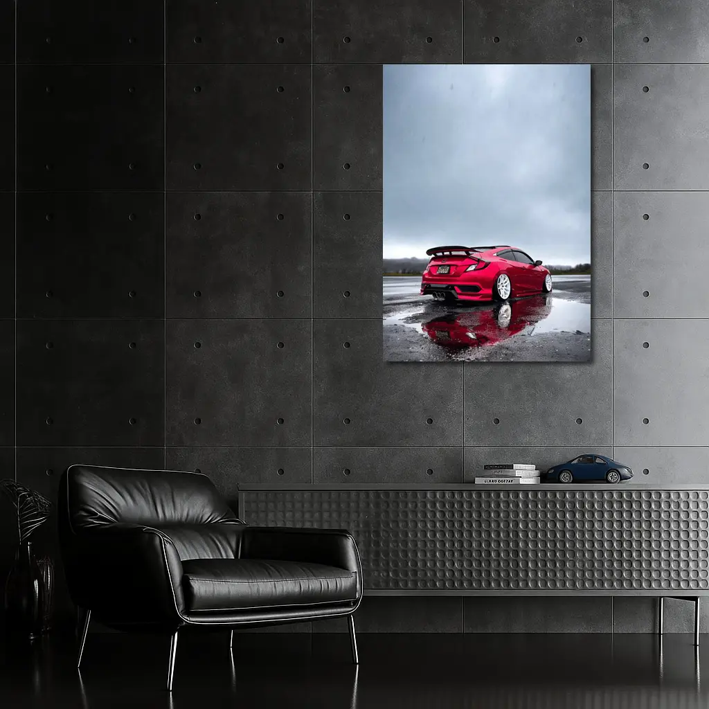 Red Honda Civic Stance Wet Rainy Lot – Wall Art