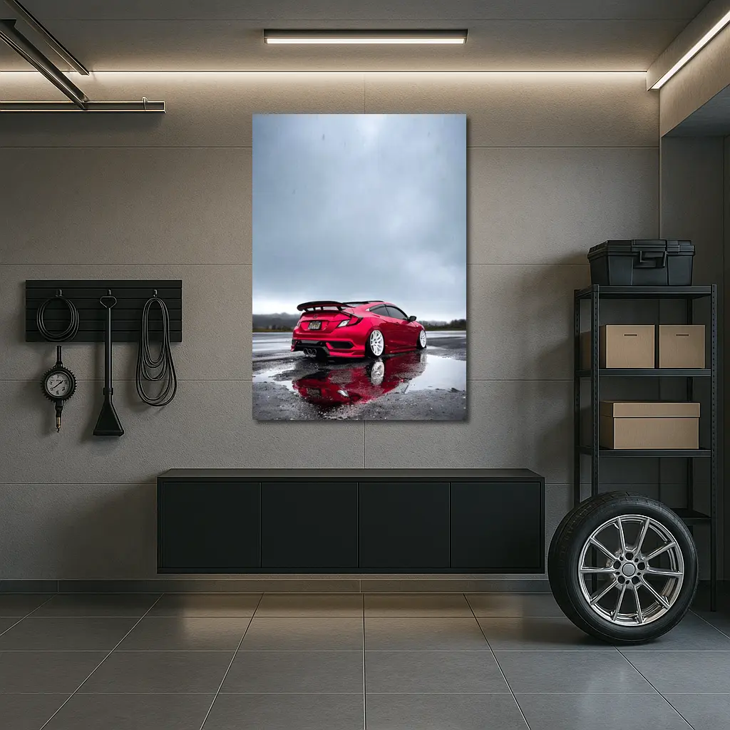 Red Honda Civic Stance Wet Rainy Lot – Wall Art
