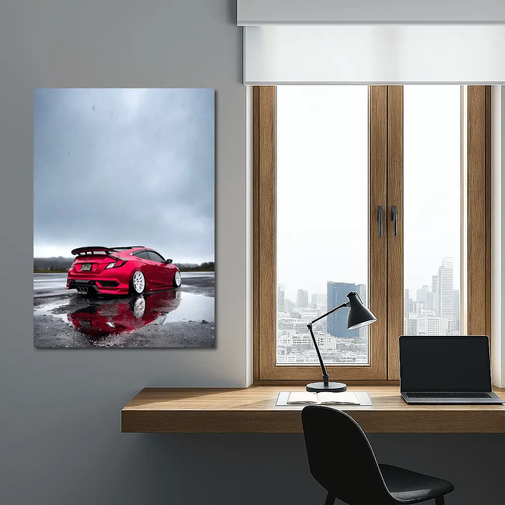 Red Honda Civic Stance Wet Rainy Lot – Wall Art