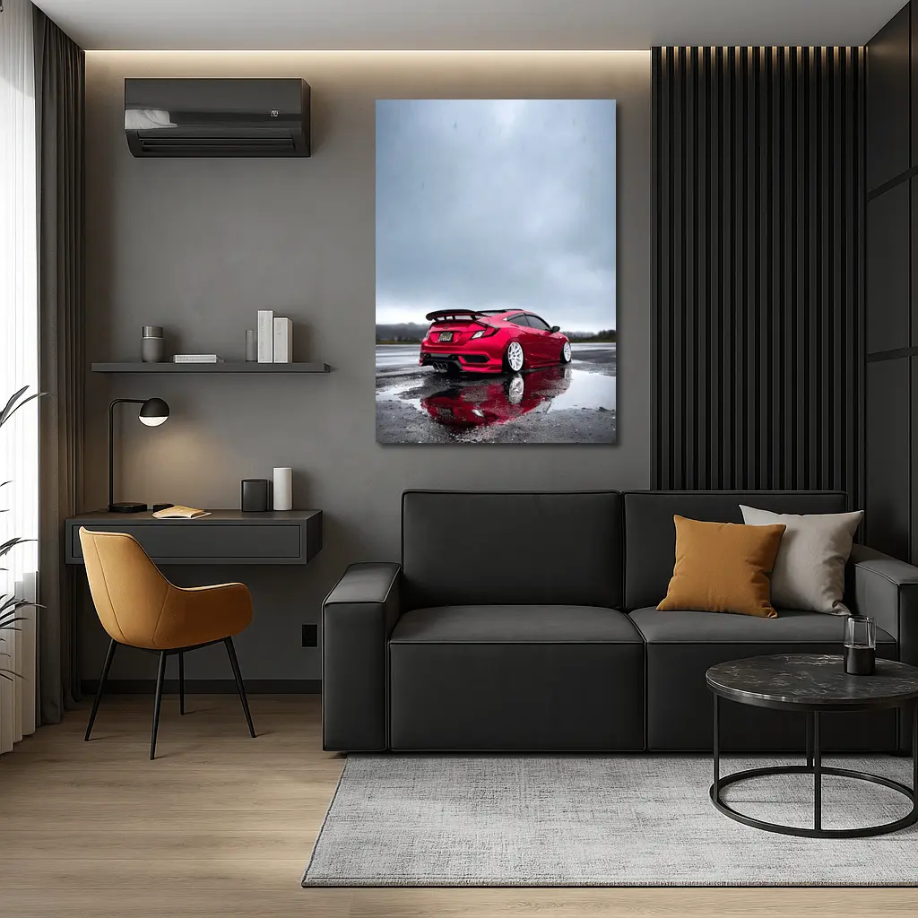 Red Honda Civic Stance Wet Rainy Lot – Wall Art