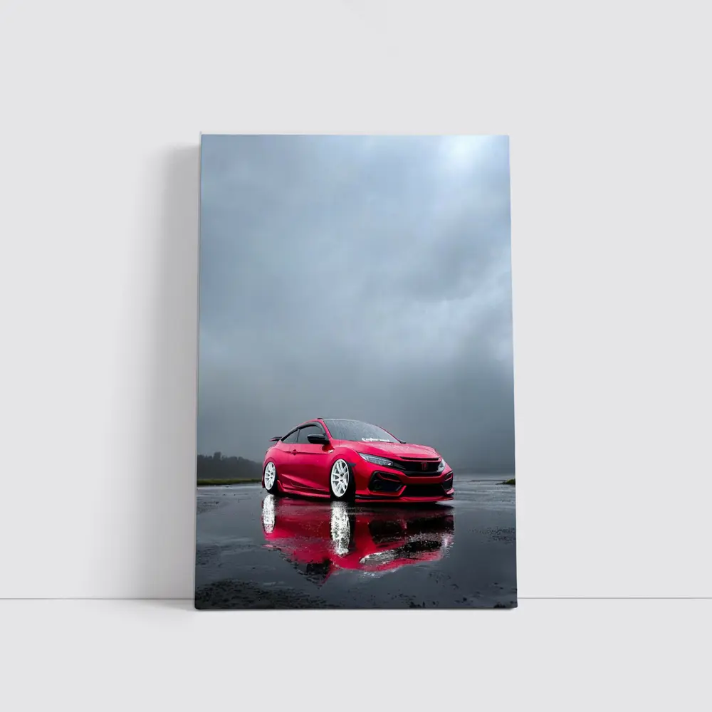 Red Honda Civic Stance Rainy Gray Sky – Wall Art