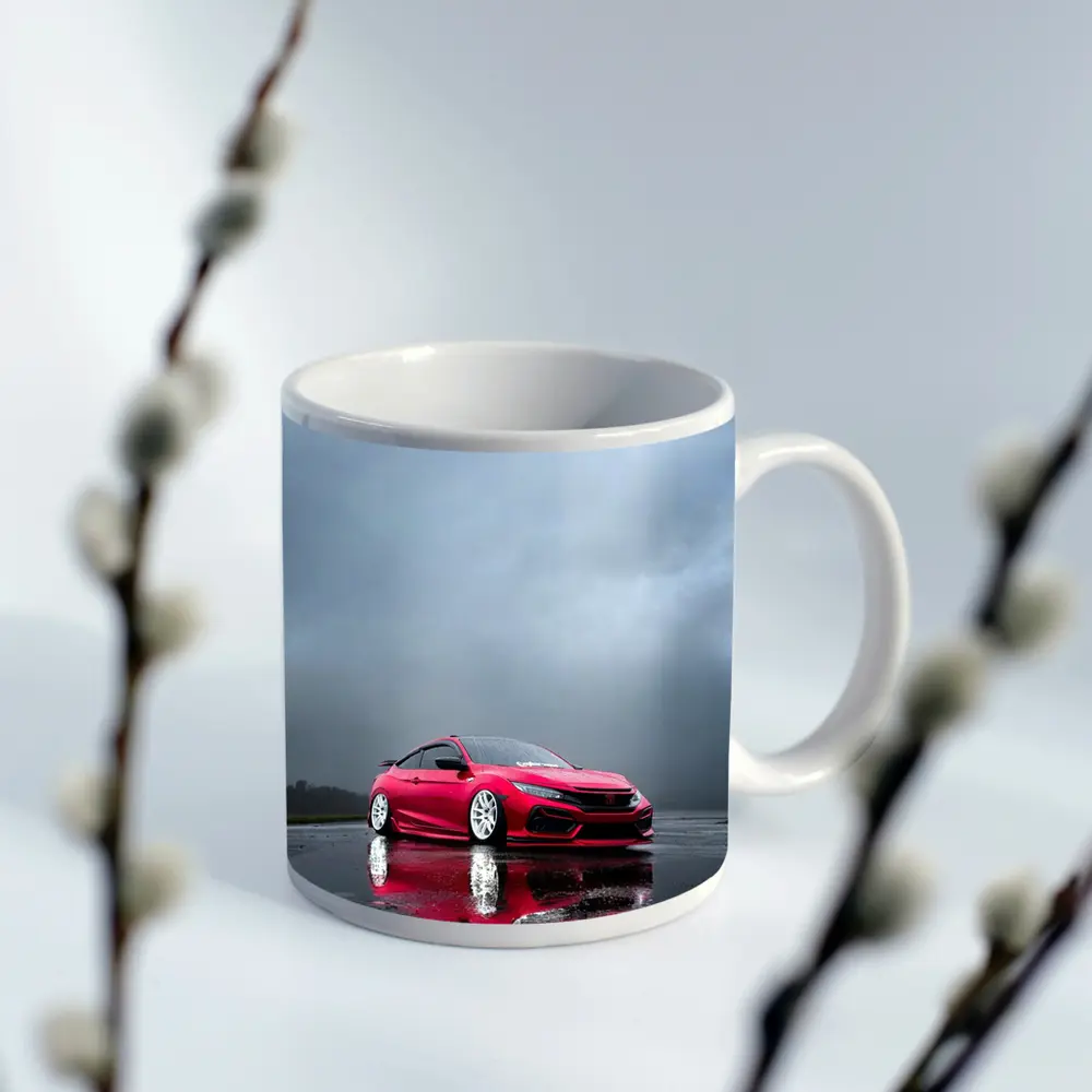Red Honda Civic Stance Rainy Gray Sky – Mugs