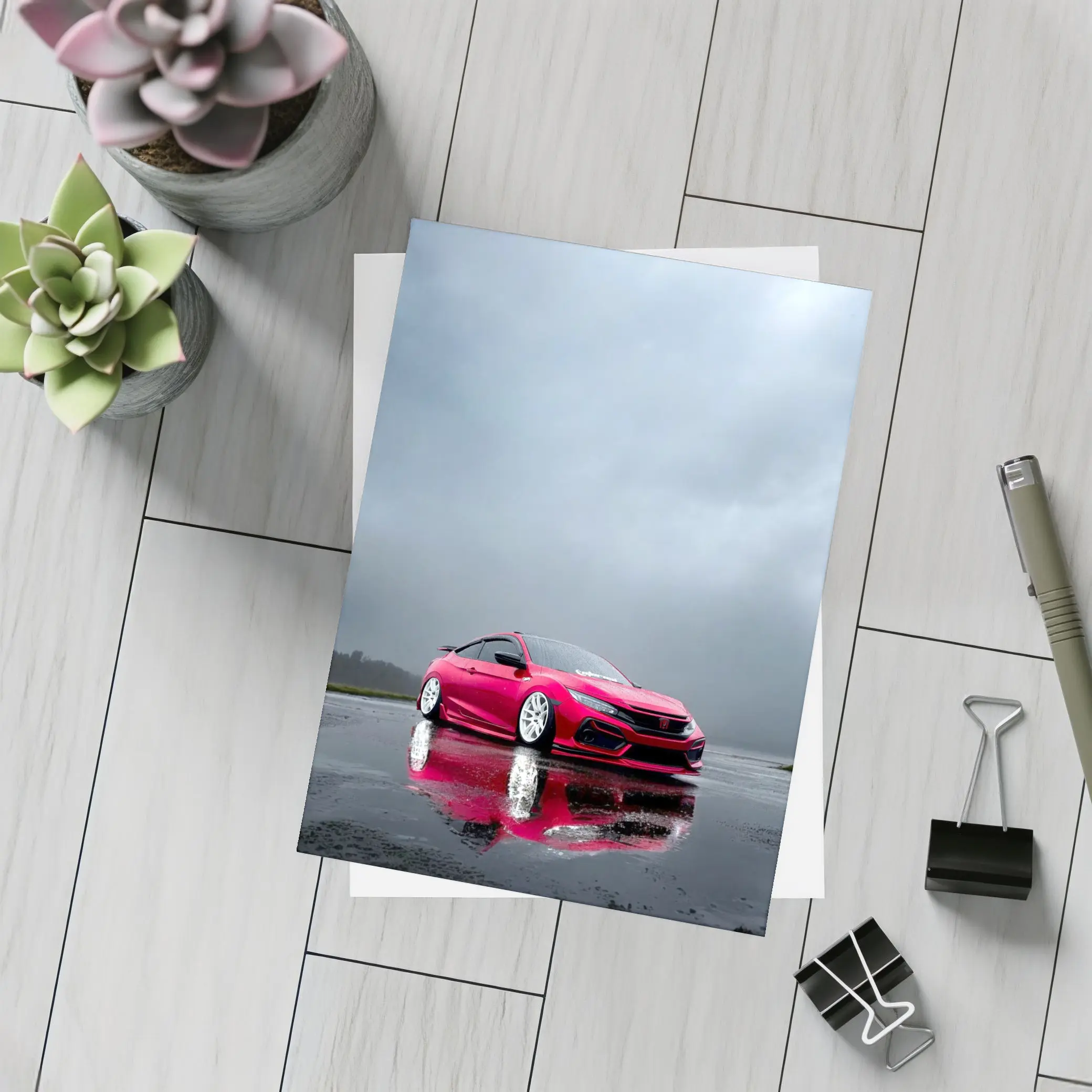 Red Honda Civic Stance Rainy Gray Sky – Postcards