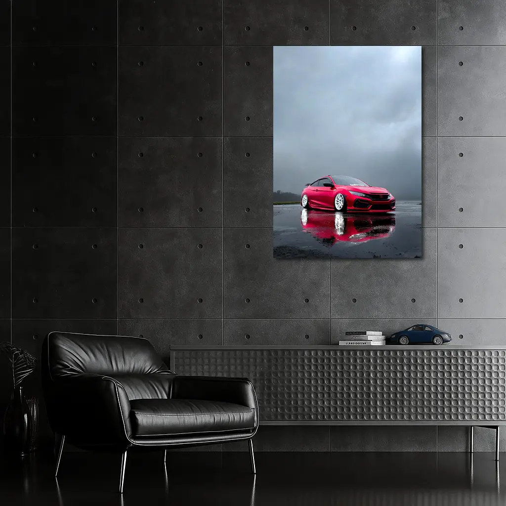 Red Honda Civic Stance Rainy Gray Sky – Wall Art