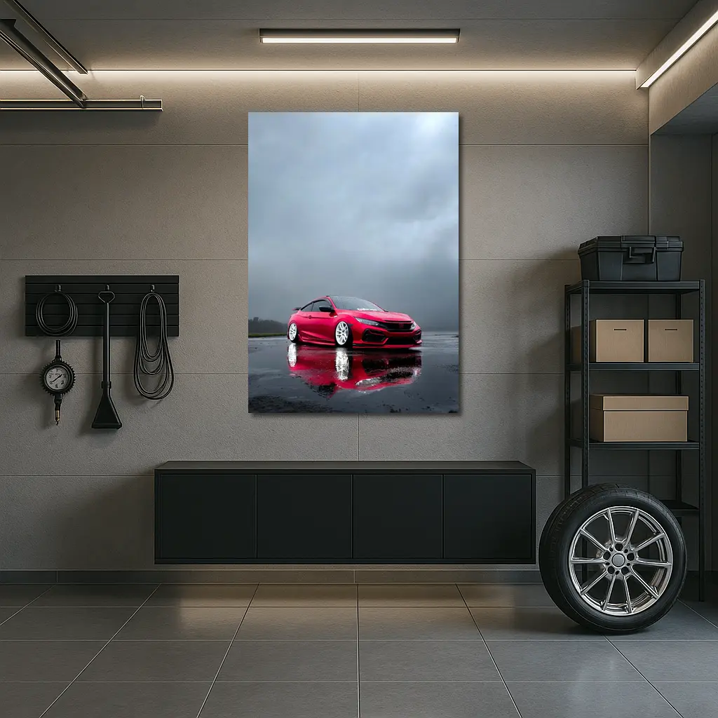 Red Honda Civic Stance Rainy Gray Sky – Wall Art