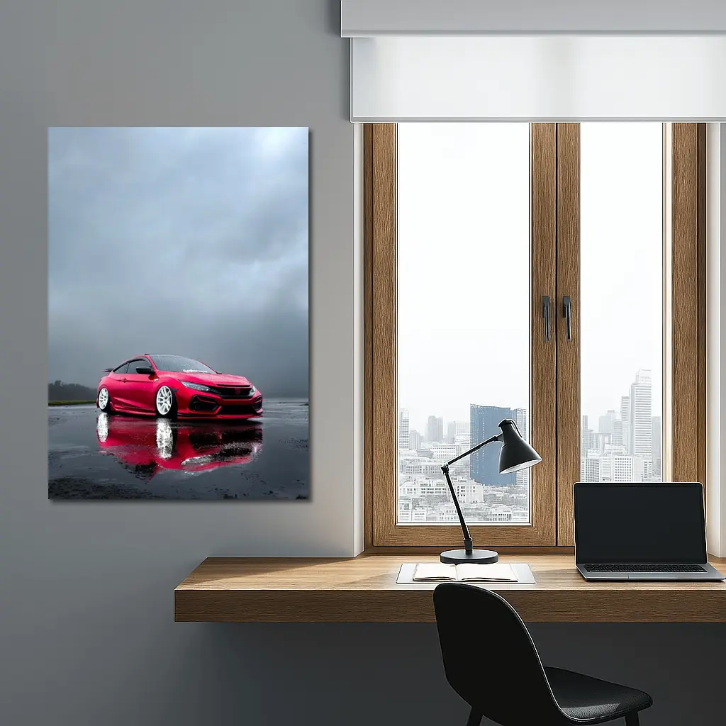 Red Honda Civic Stance Rainy Gray Sky – Wall Art