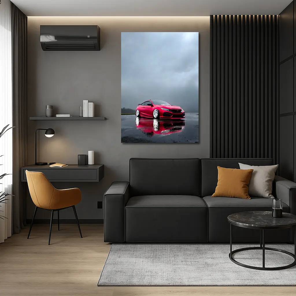 Red Honda Civic Stance Rainy Gray Sky – Wall Art