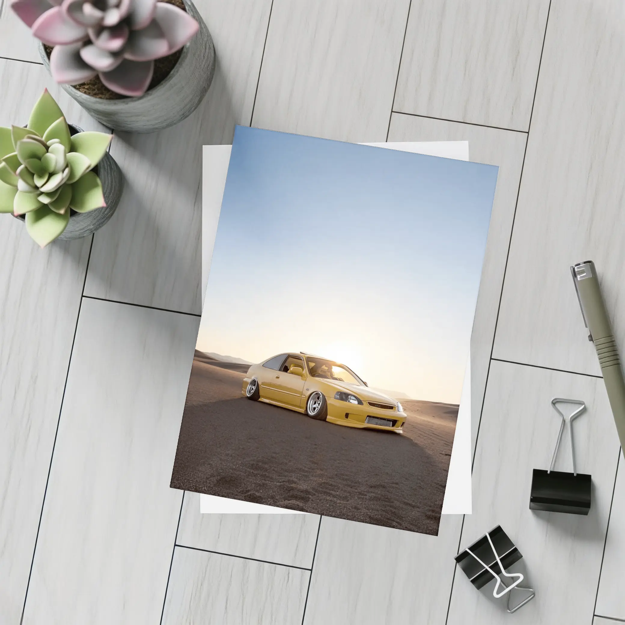 Honda Civic Yellow Stance Desert Sunset – Postcards