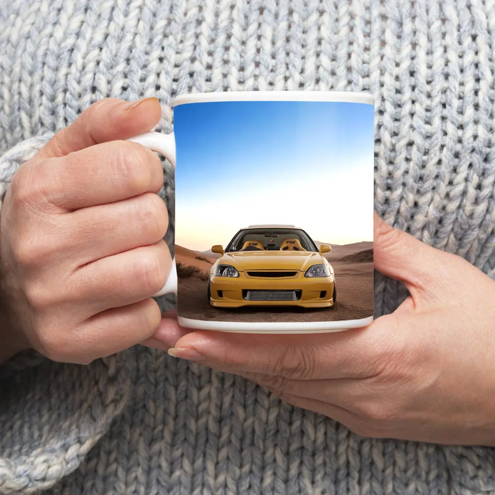 Yellow Honda Civic Tuned Desert Sand Background – Mugs