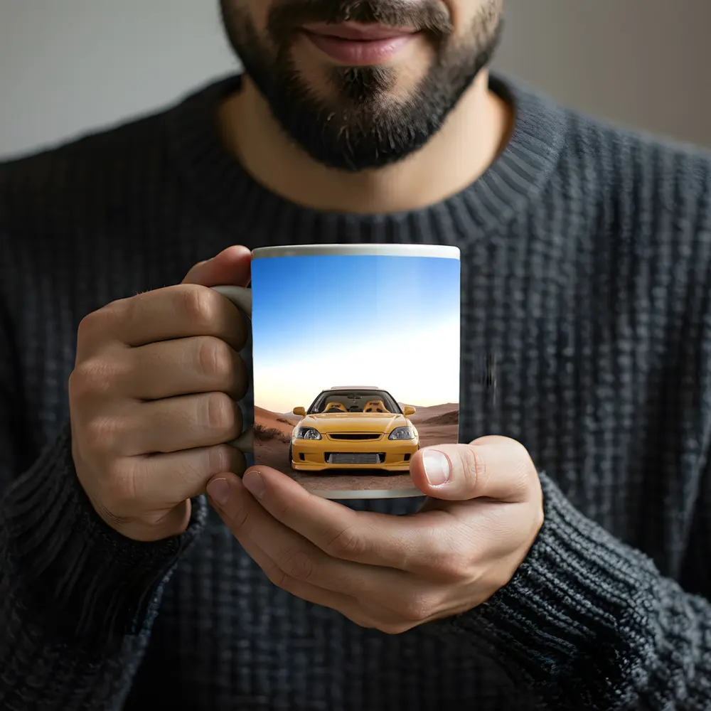 Yellow Honda Civic Tuned Desert Sand Background – Mugs