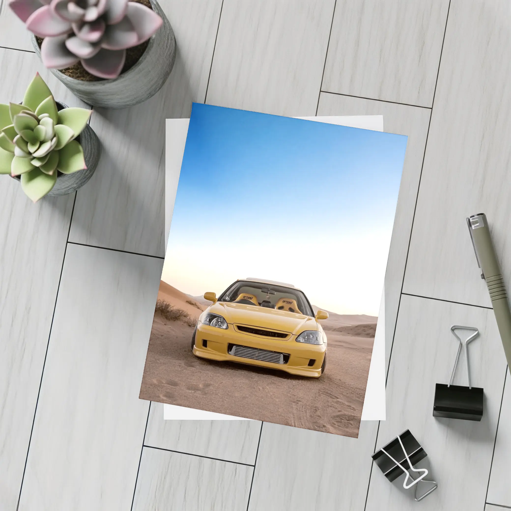 Yellow Honda Civic Tuned Desert Sand Background – Postcards