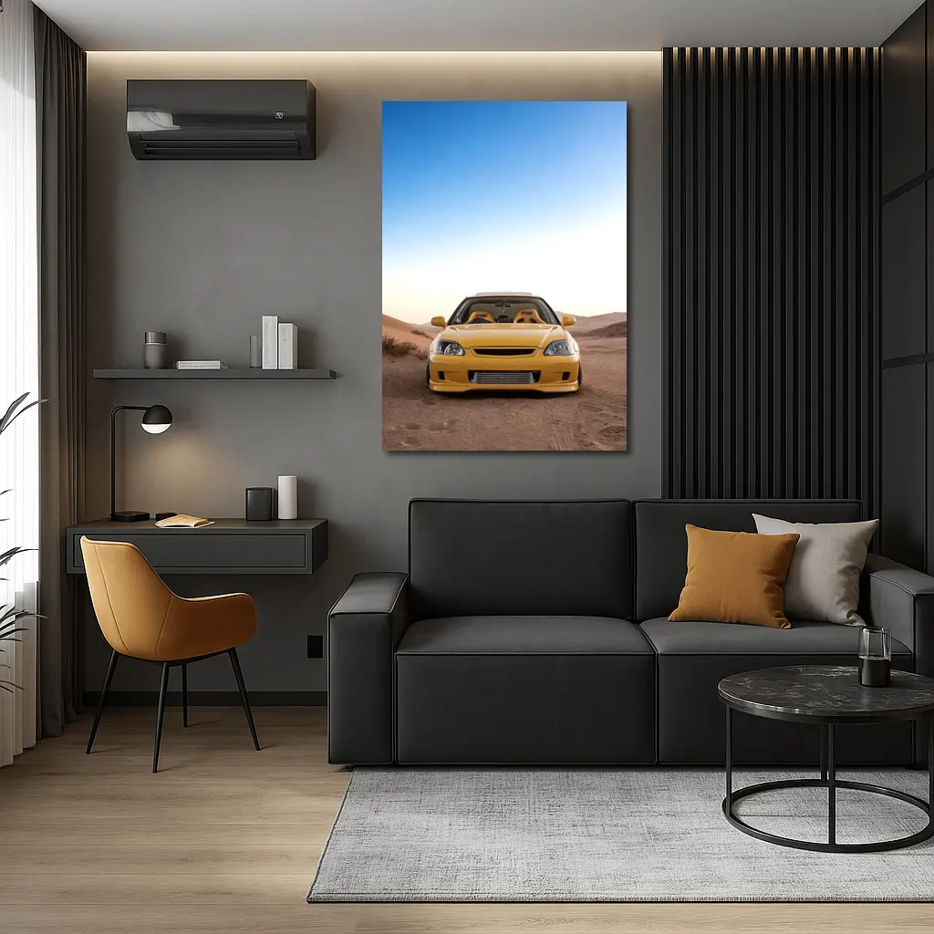Yellow Honda Civic Tuned Desert Sand Background – Wall Art