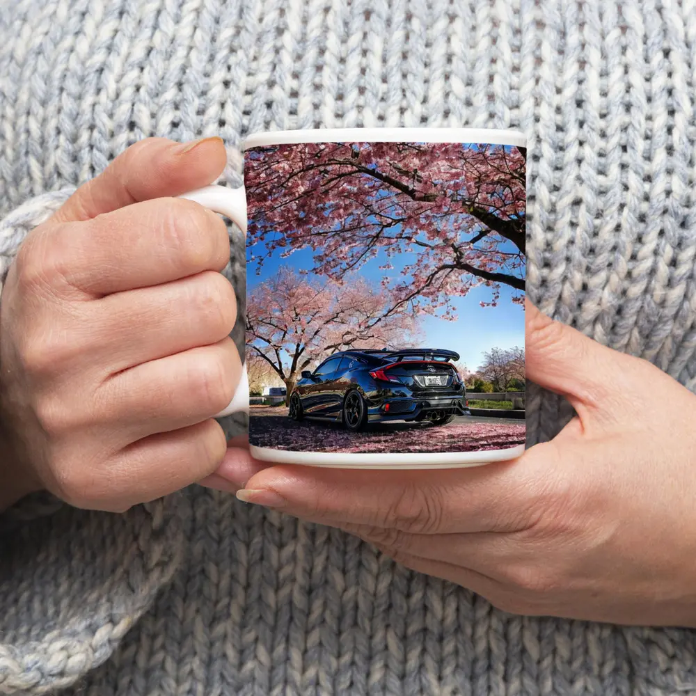 Black Honda Civic Under Cherry Blossom Trees – Mugs