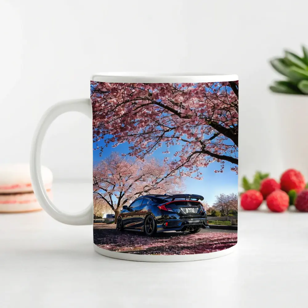Black Honda Civic Under Cherry Blossom Trees – Mugs