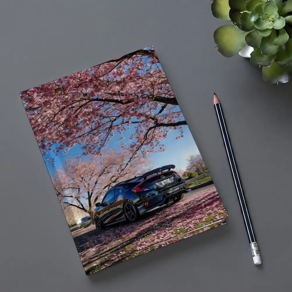 Black Honda Civic Under Cherry Blossom Trees – Notebooks