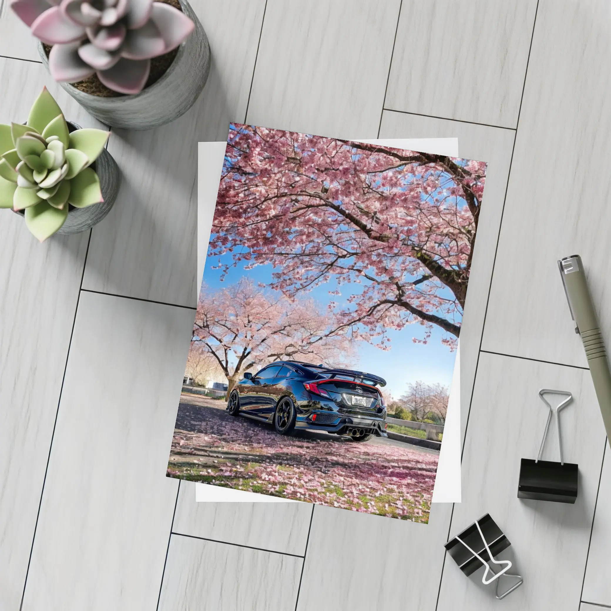 Black Honda Civic Under Cherry Blossom Trees – Postcards