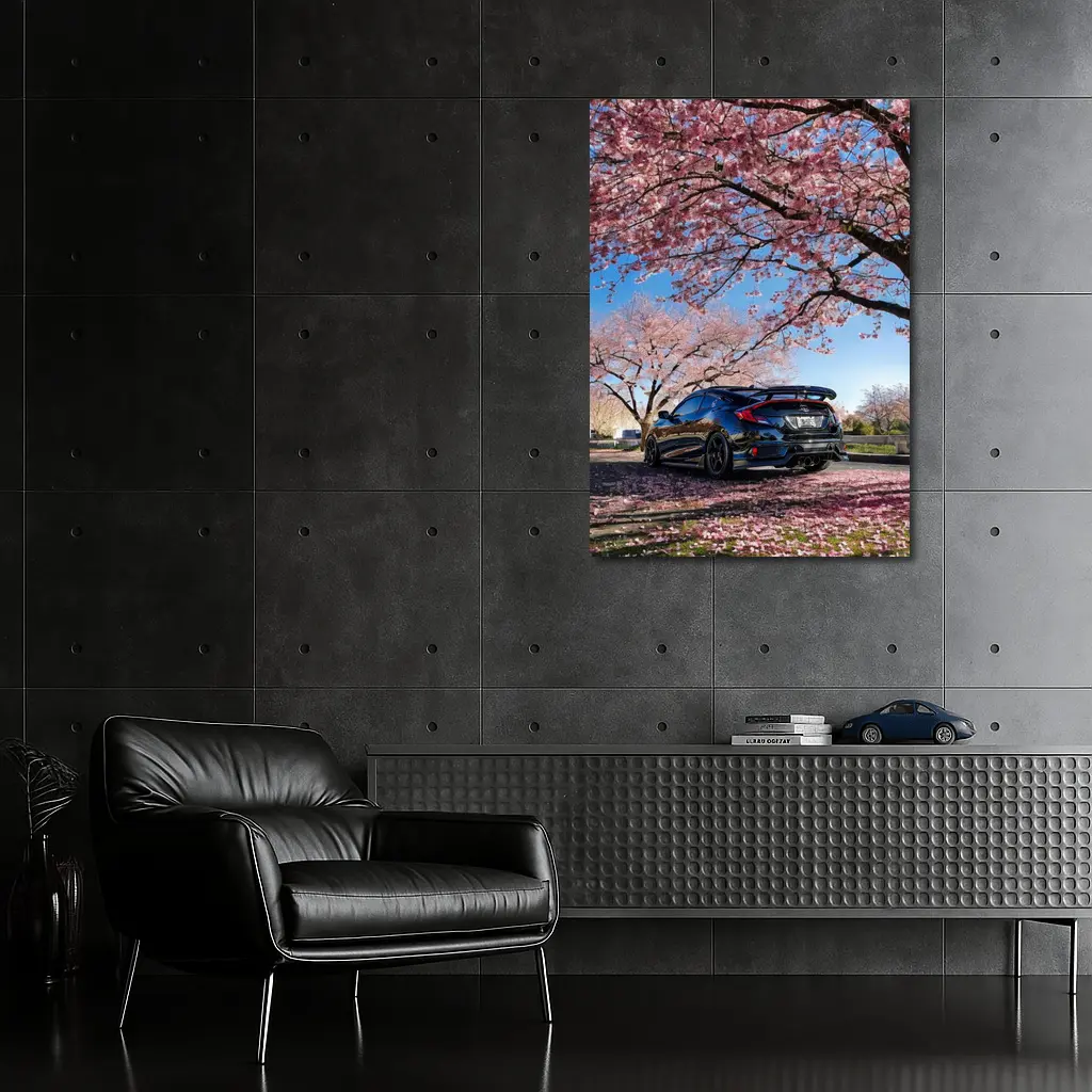 Black Honda Civic Under Cherry Blossom Trees – Wall Art