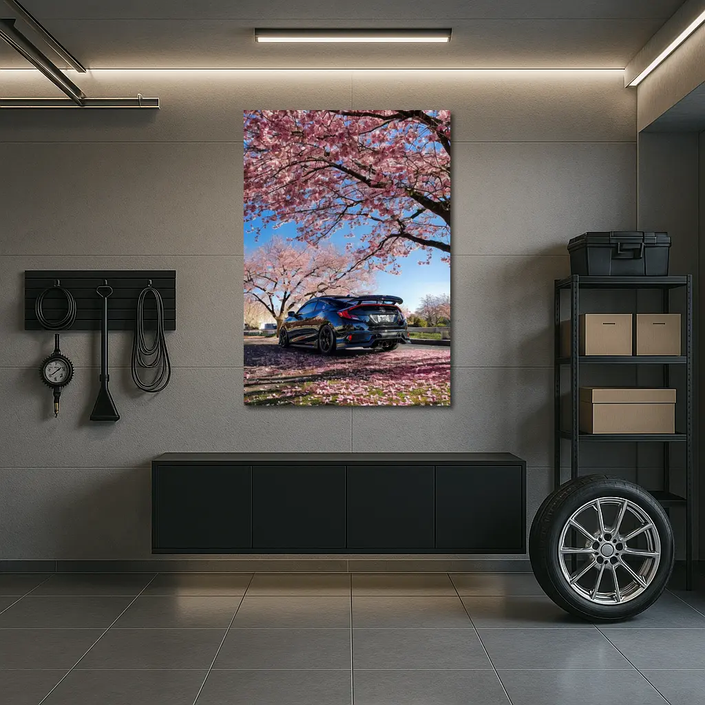 Black Honda Civic Under Cherry Blossom Trees – Wall Art