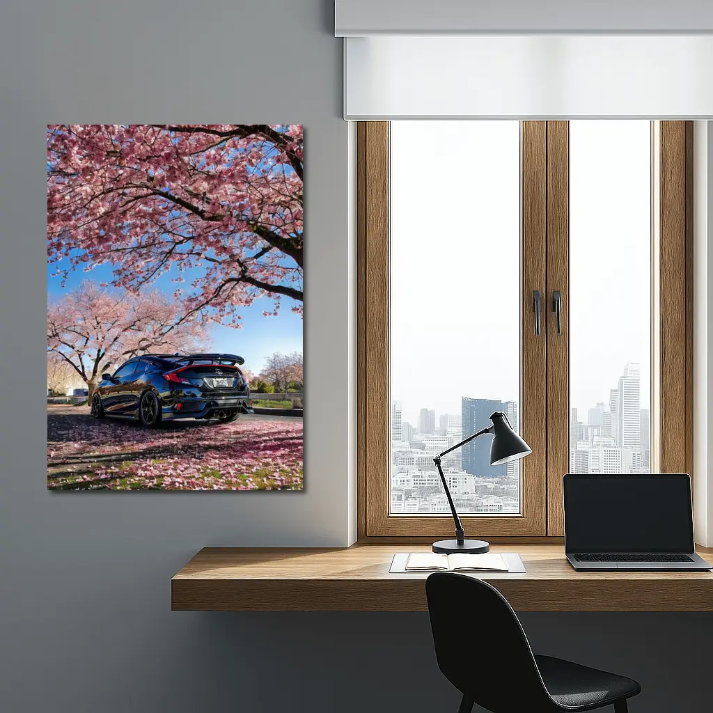 Black Honda Civic Under Cherry Blossom Trees – Wall Art