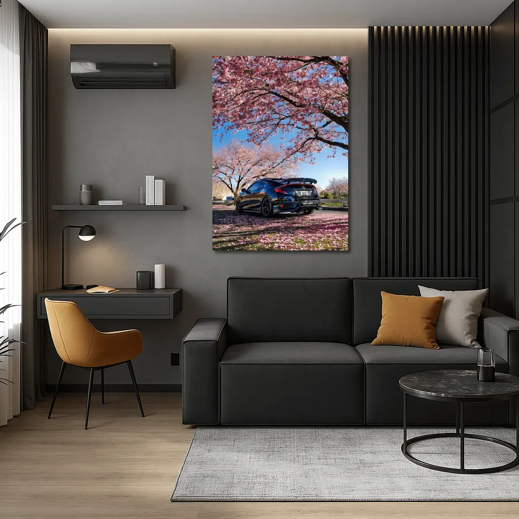 Black Honda Civic Under Cherry Blossom Trees – Wall Art