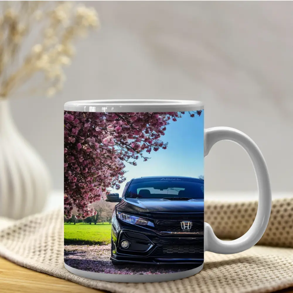 Black Honda Civic Under Cherry Blossom Tree – Mugs