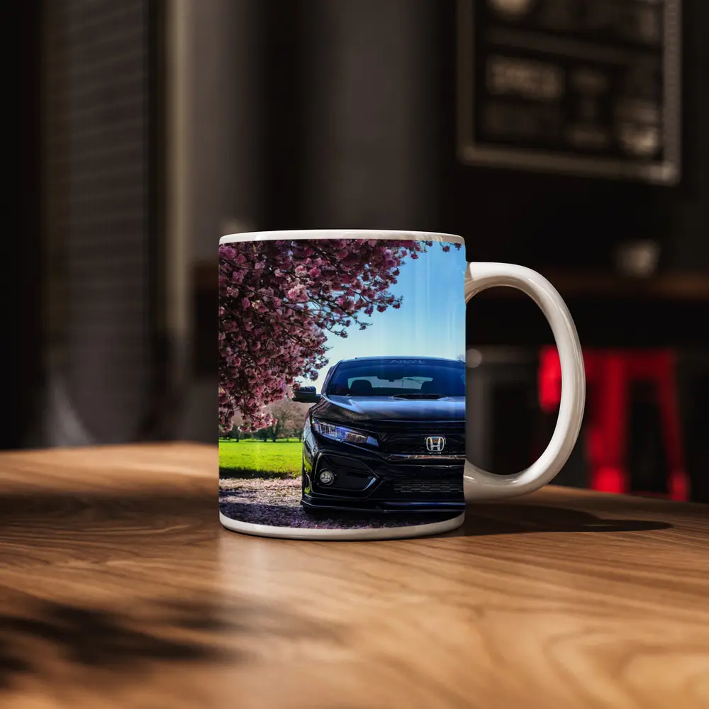 Black Honda Civic Under Cherry Blossom Tree – Mugs