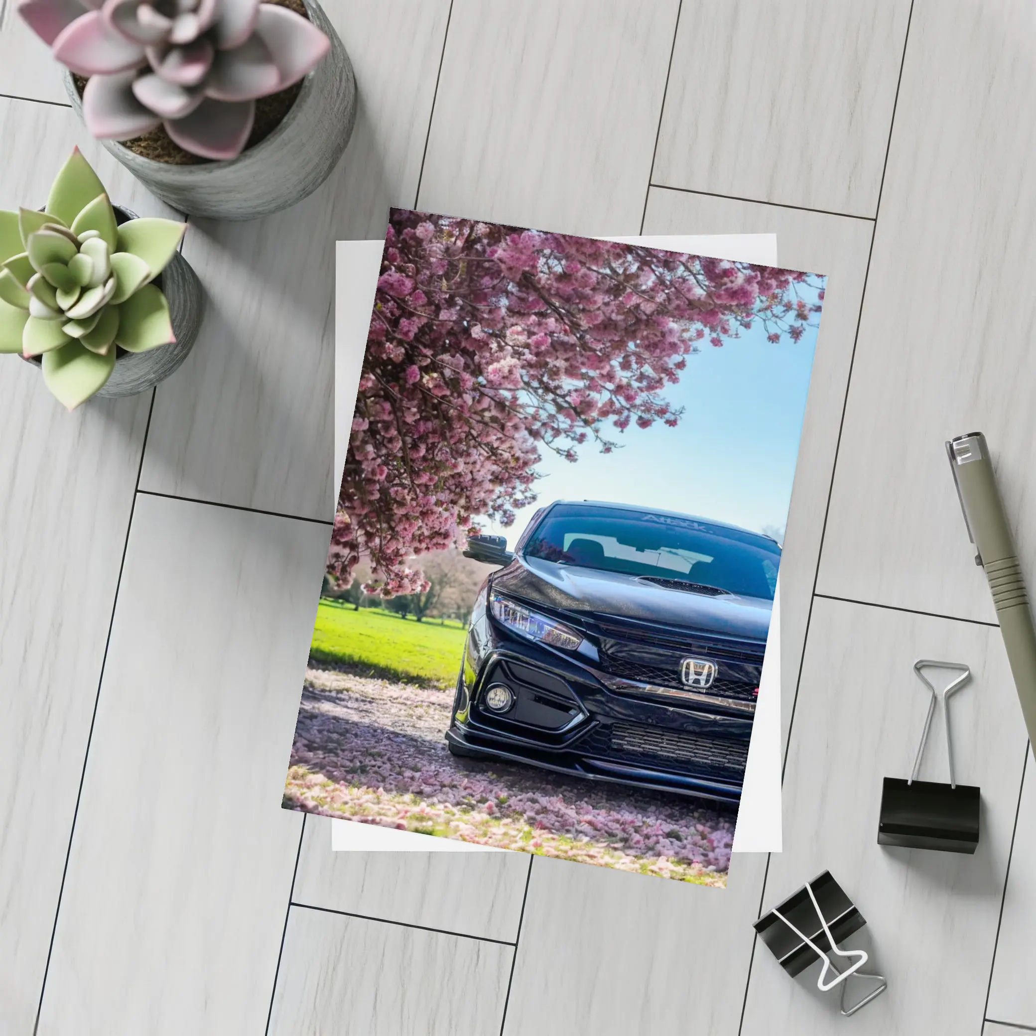 Black Honda Civic Under Cherry Blossom Tree – Postcards