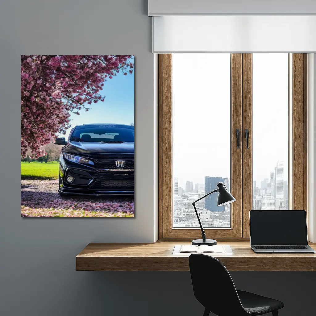 Black Honda Civic Under Cherry Blossom Tree – Wall Art