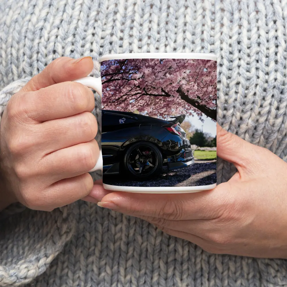 Black Honda Civic Under Cherry Blossom Tree – Mugs