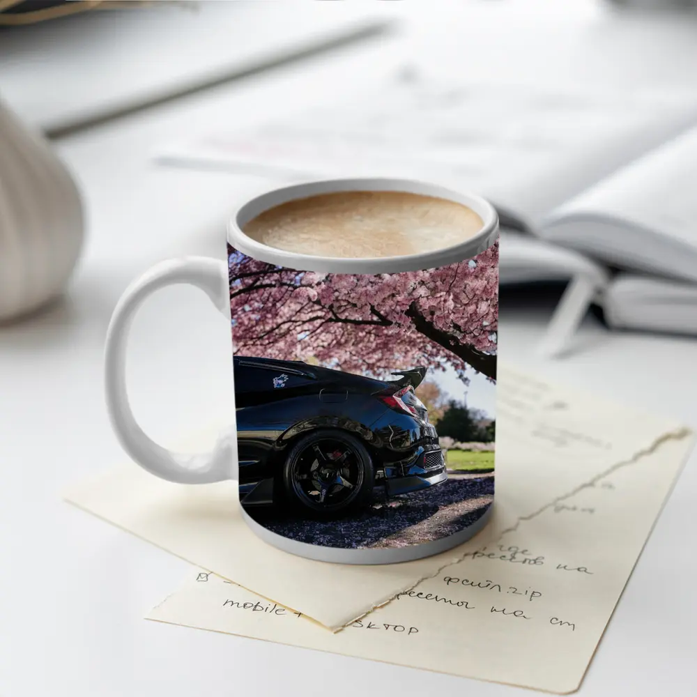 Black Honda Civic Under Cherry Blossom Tree – Mugs