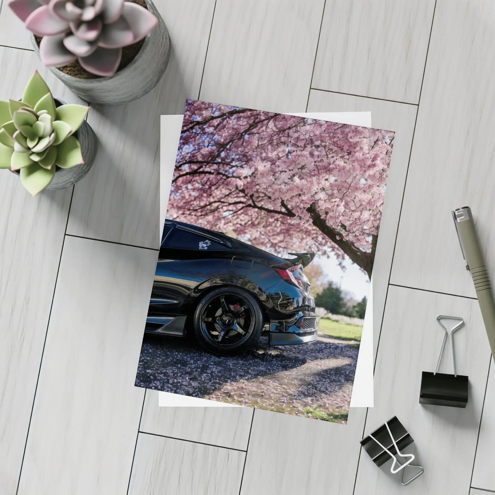 Black Honda Civic Under Cherry Blossom Tree – Postcards