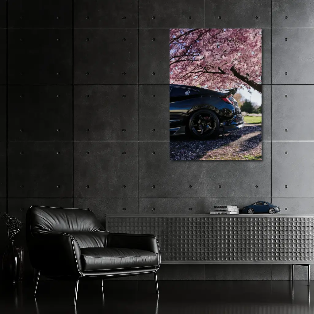 Black Honda Civic Under Cherry Blossom Tree – Wall Art