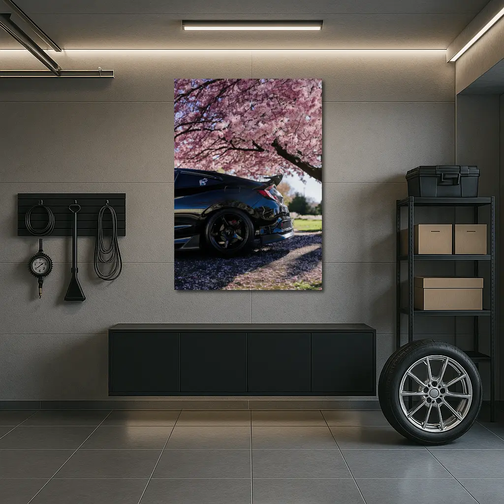 Black Honda Civic Under Cherry Blossom Tree – Wall Art