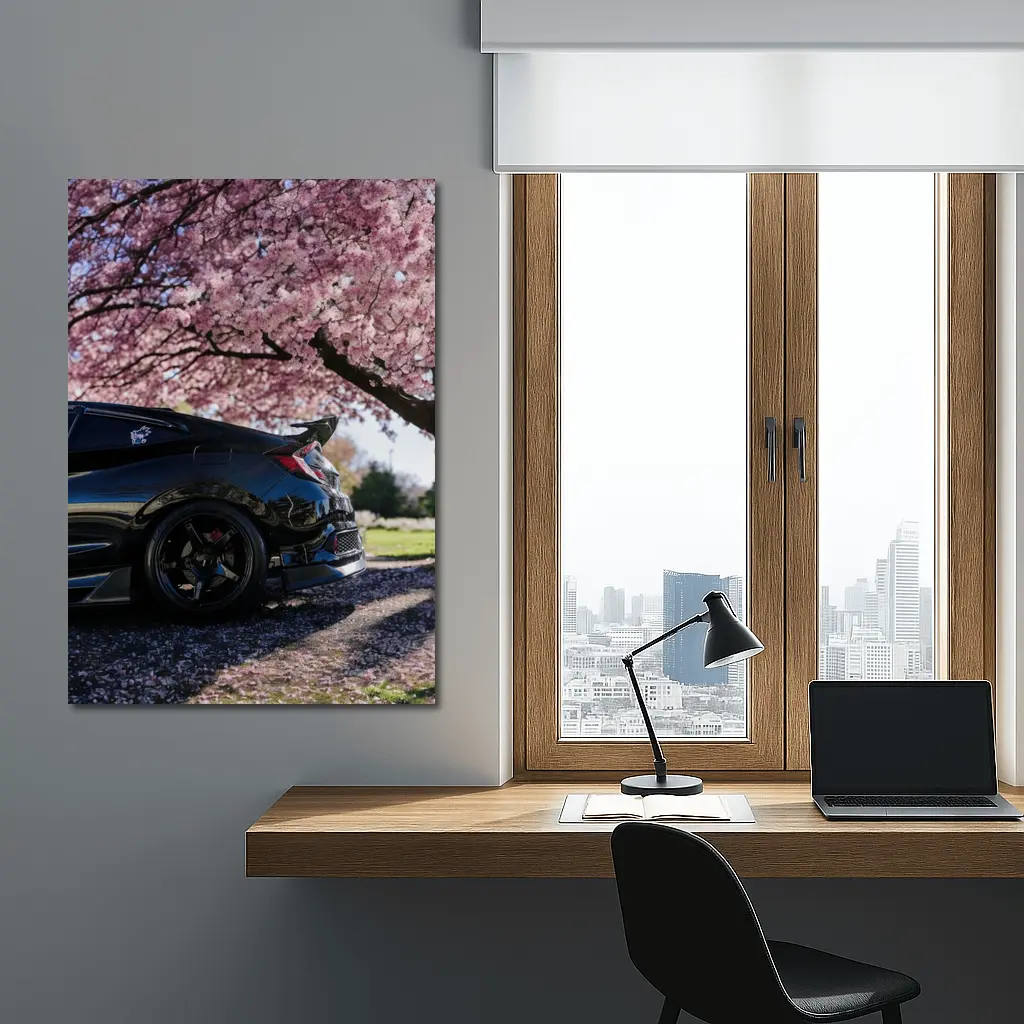 Black Honda Civic Under Cherry Blossom Tree – Wall Art