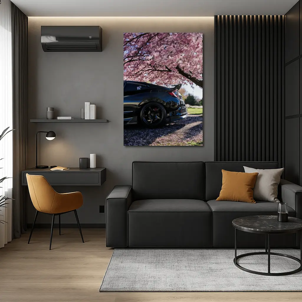 Black Honda Civic Under Cherry Blossom Tree – Wall Art