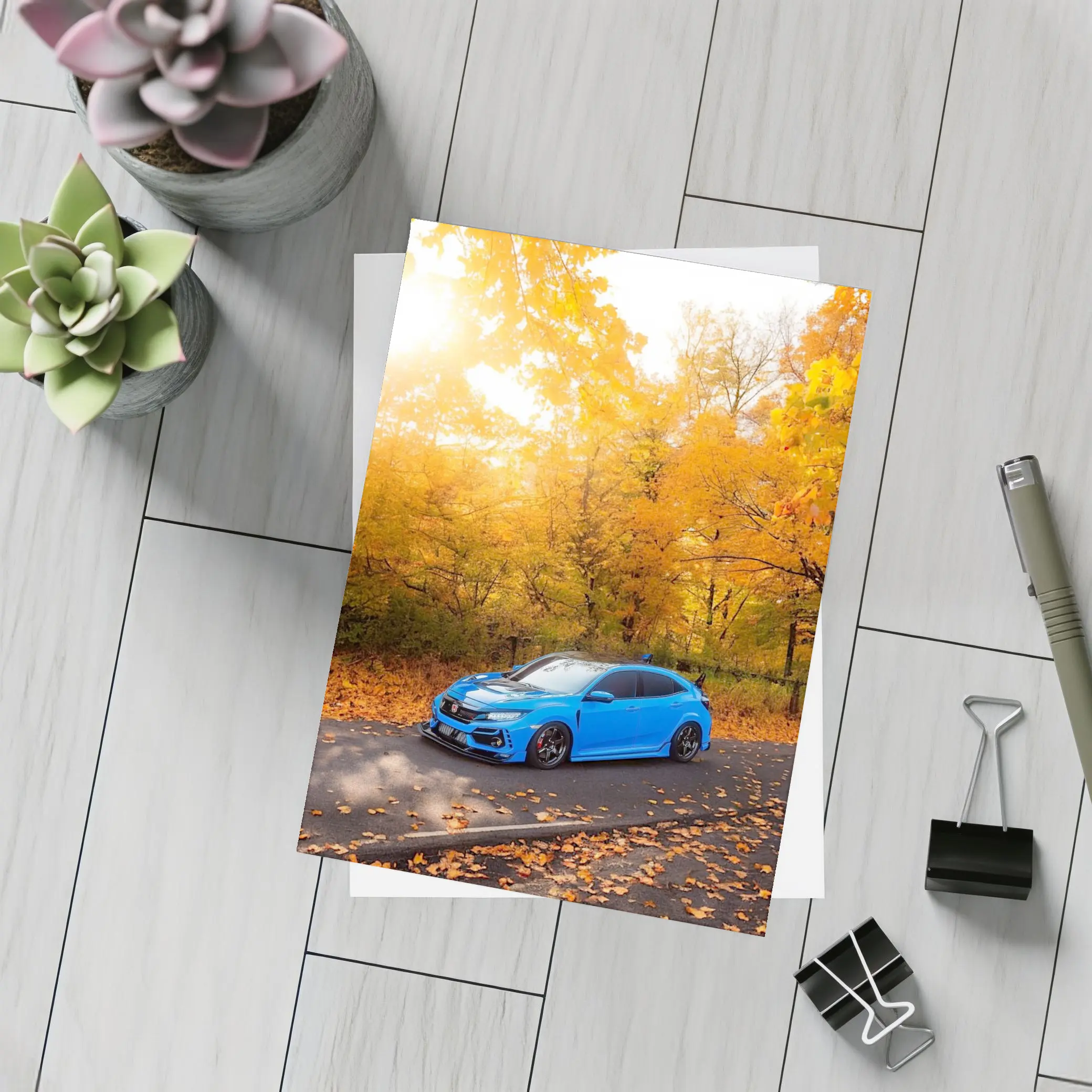 Honda Civic Blue Car Autumn Forest – Postcards