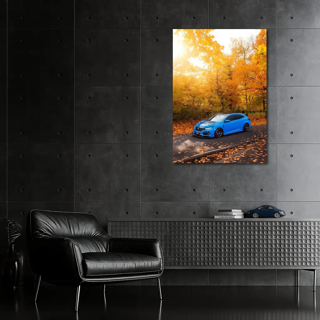 Honda Civic Blue Car Autumn Forest – Wall Art