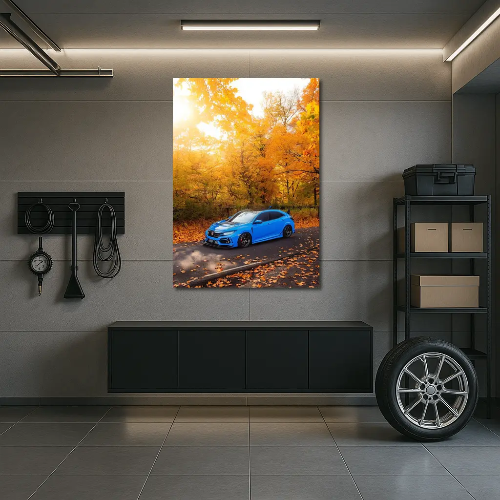 Honda Civic Blue Car Autumn Forest – Wall Art