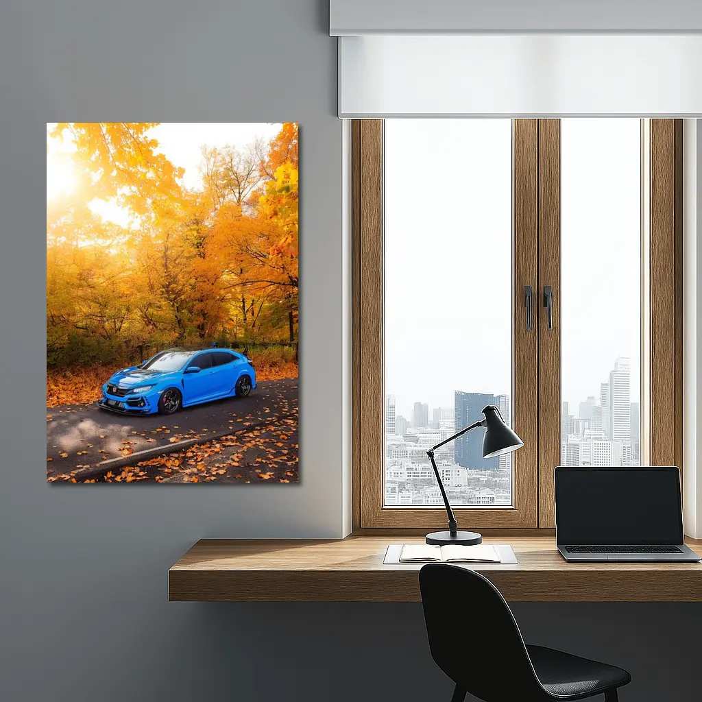 Honda Civic Blue Car Autumn Forest – Wall Art
