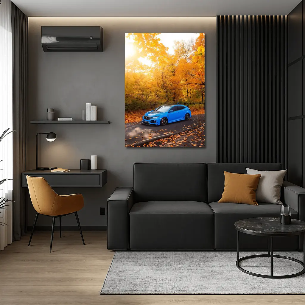 Honda Civic Blue Car Autumn Forest – Wall Art