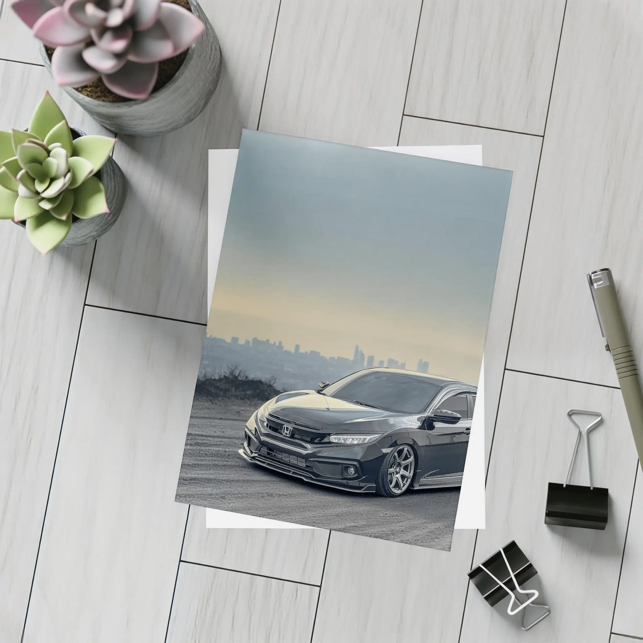 Honda Civic Black Stance City Skyline Dusk – Postcards