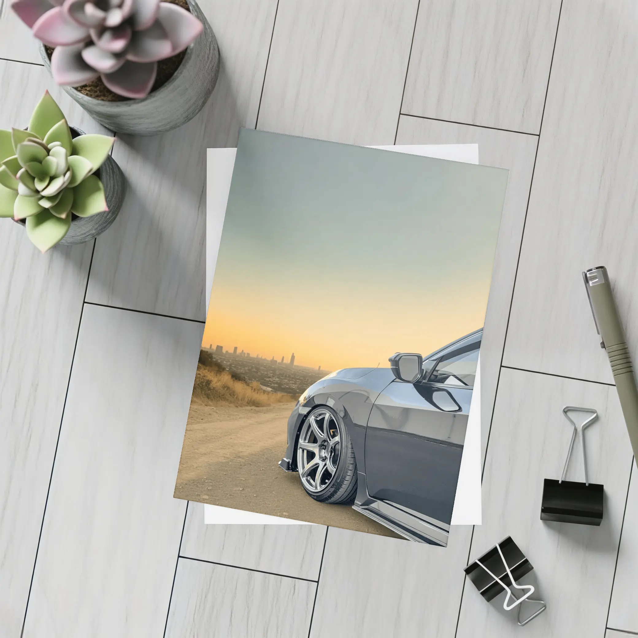 Honda Civic Grey Stance City Sunset View – Postcards