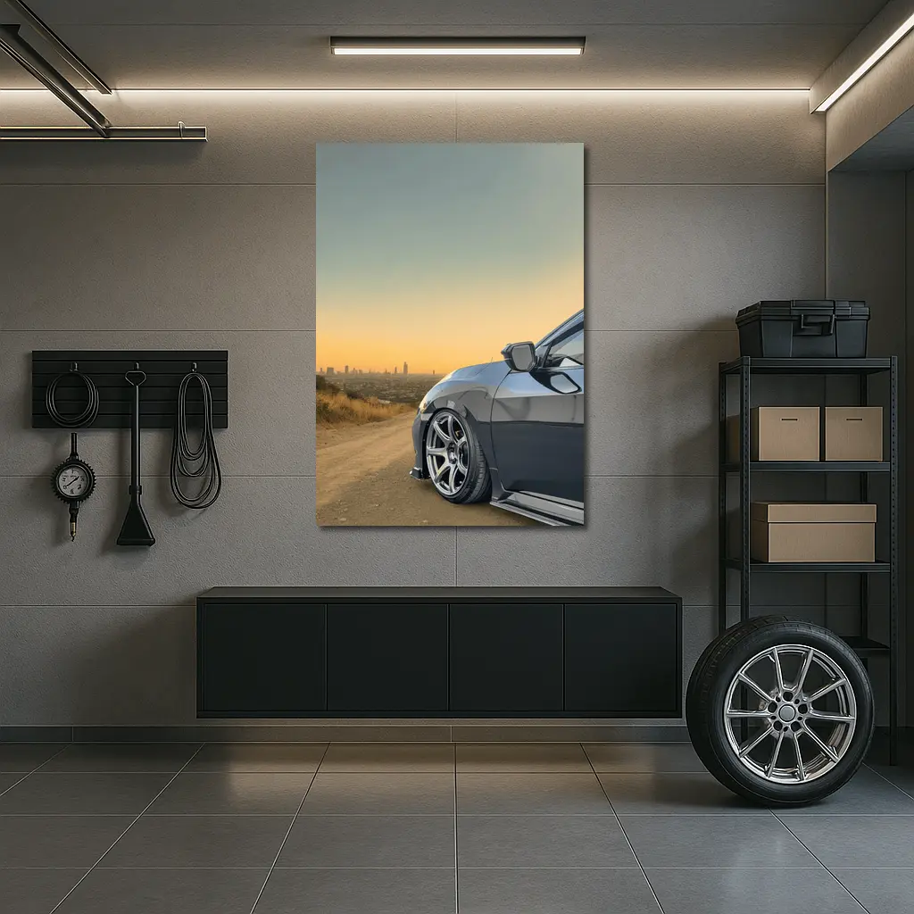 Honda Civic Grey Stance City Sunset View – Wall Art
