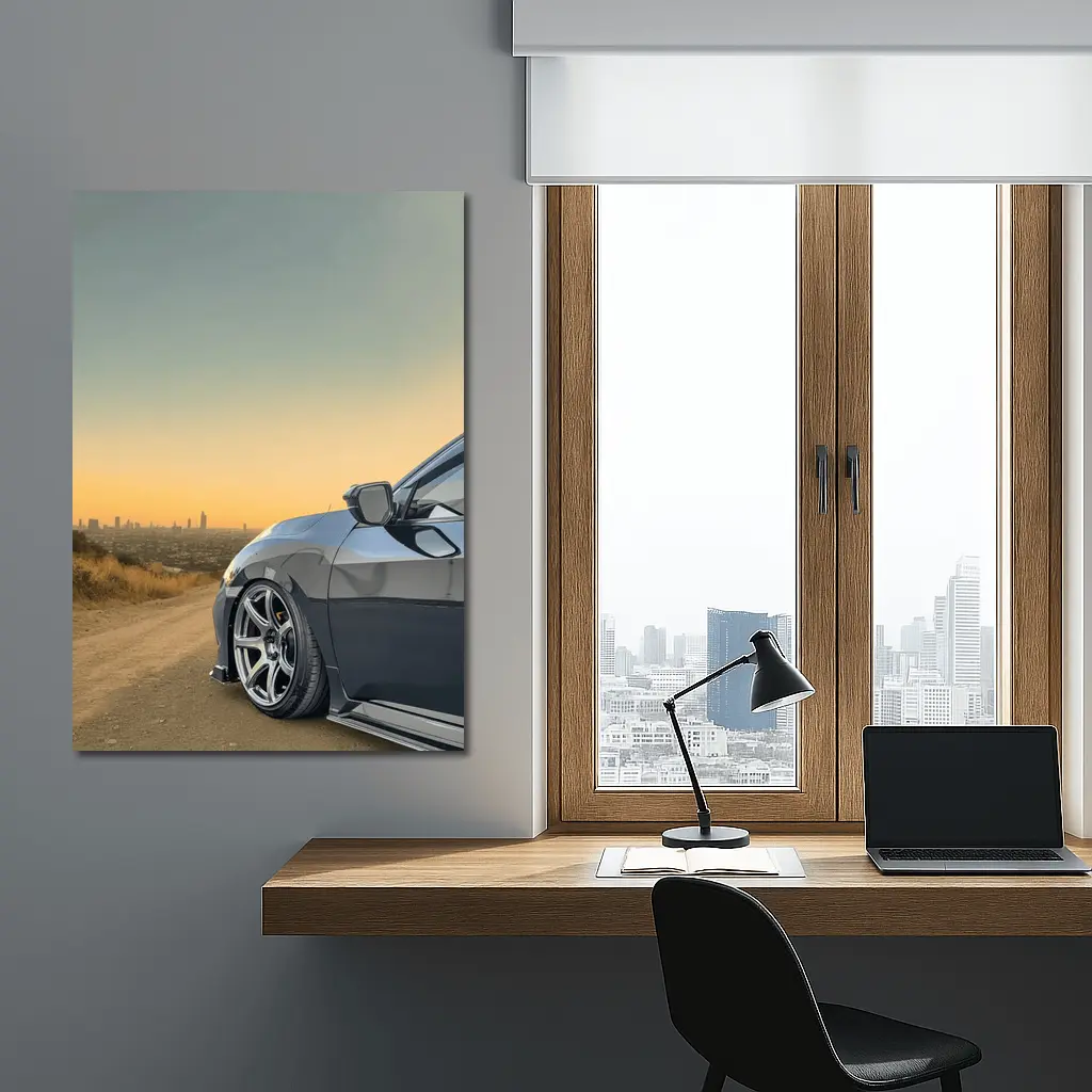 Honda Civic Grey Stance City Sunset View – Wall Art