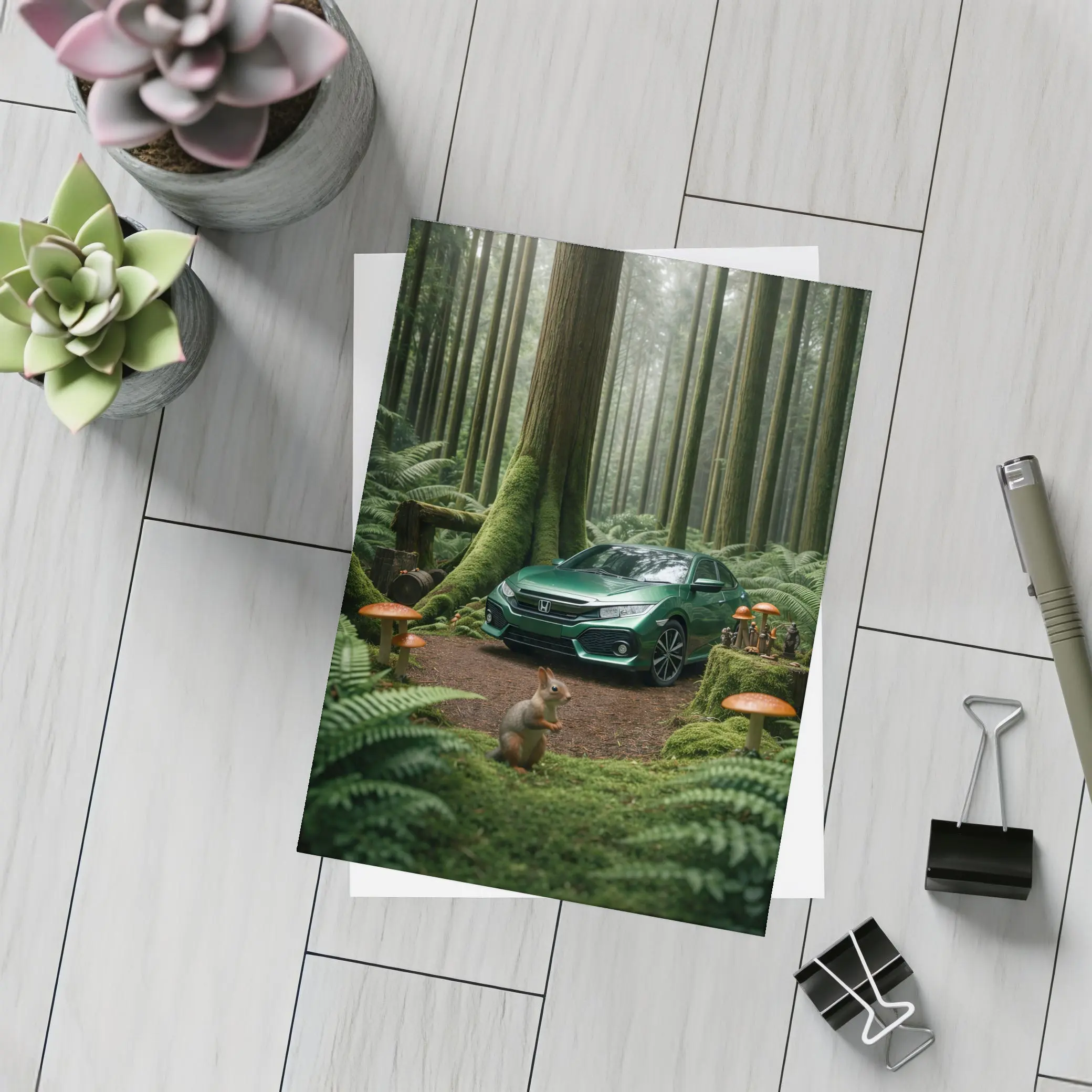 Honda Civic Green Forest Squirrel Scene – Postcards